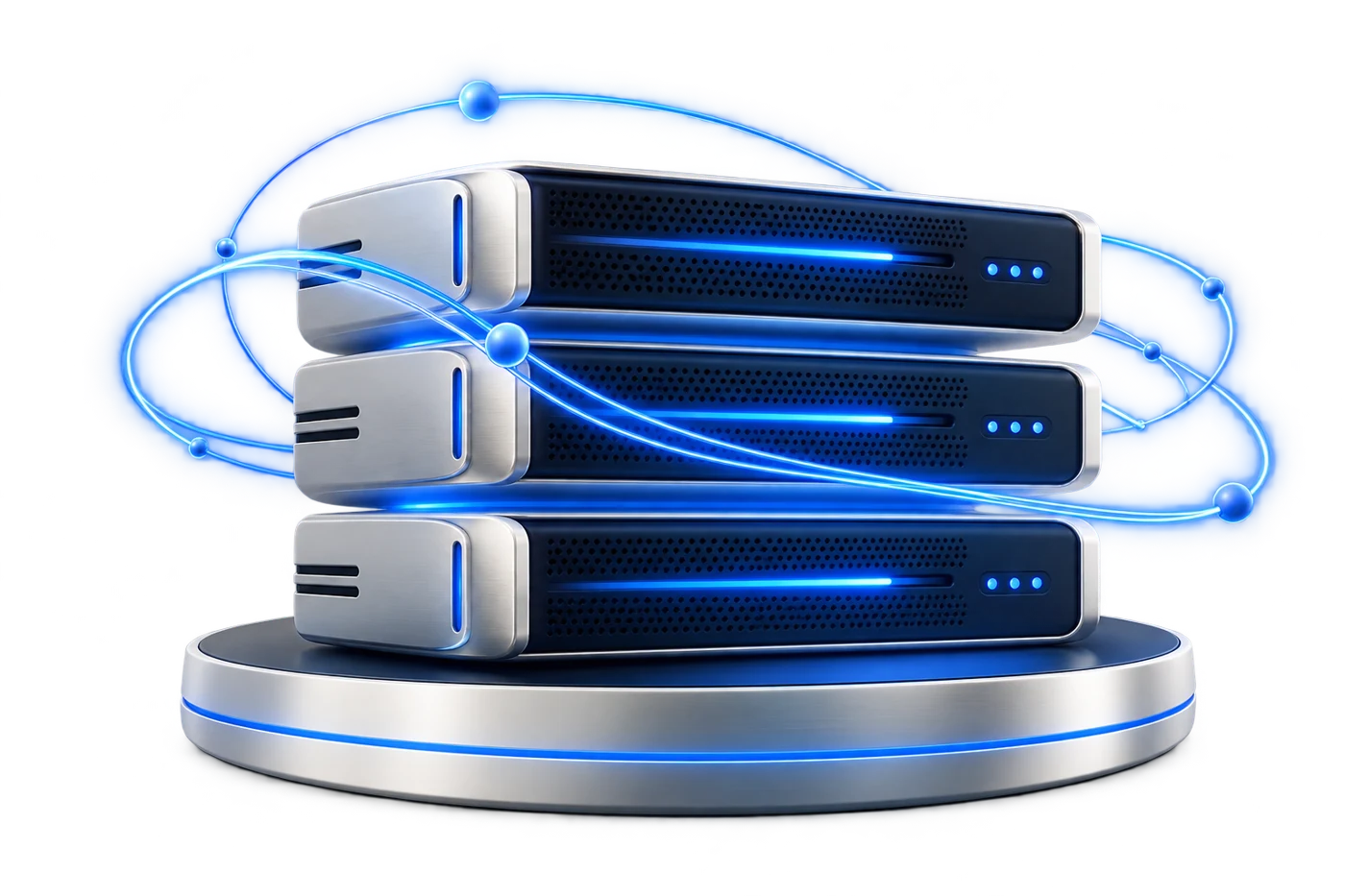 Drei silberne Servermodule, verbunden durch blaue Netzwerkimpulse