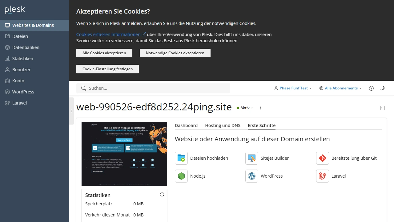 Echter Plesk-Testwebspace mit Werkzeugen für WordPress, Dateien, Git und Node.js