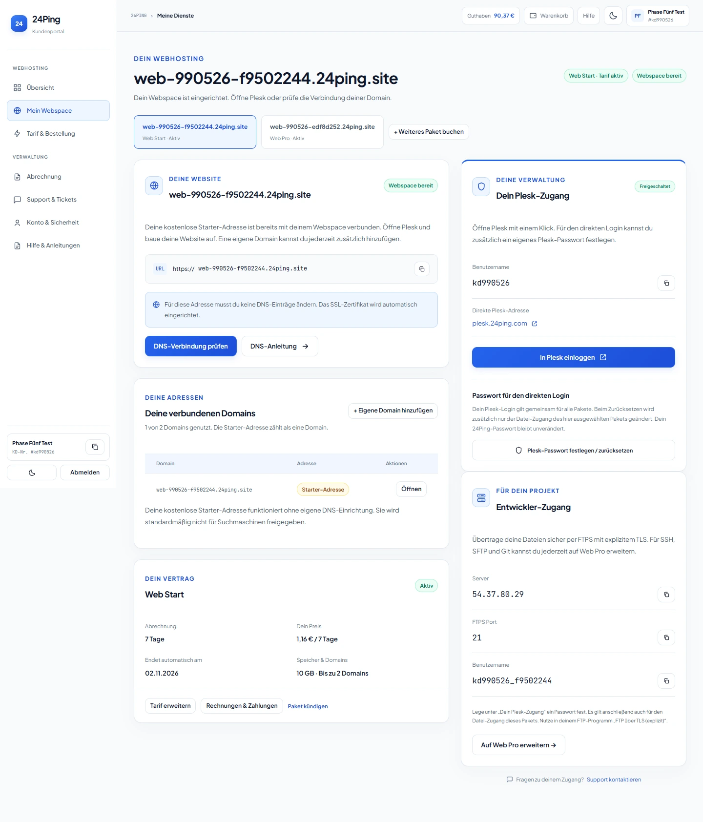 Echter 24Ping-Testaccount mit zwei Webspaces, Starter-Adressen und direktem Plesk-Zugang